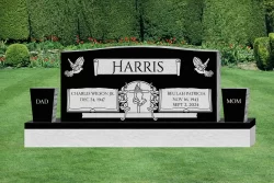 Double Black Upright Monument with Doves, Cross, Praying Hands, Open Books, and Matching Black Vases [372394]