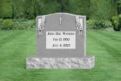 Single Gray Upright Monument with Cross, Floral Side Panels, and Framed Inscription Panel [372399]