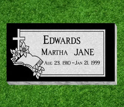 Single Flat Grass Marker with Cross, Bible & Flowers